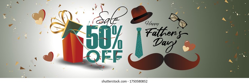 Happy fathers day sale / offer banner with theme icons vector illustration