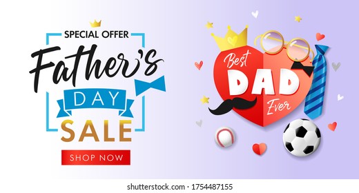 Happy Fathers Day Sale paper banner elements with crown, heart, mustache, blue necktie and glasses. Father day vector illustration for special offer promotion discount poster