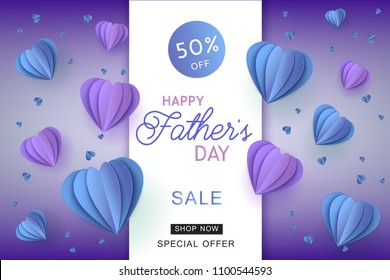 Happy fathers day sale poster template with lettering inscription on purple papercut origami style air balloons on violet background. Vector marketing advertising design for special offers, discounts