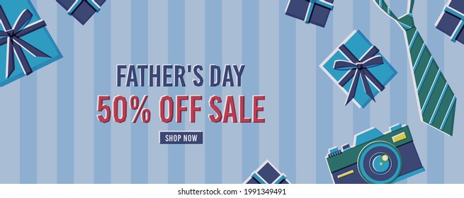 Happy Father's Day Sale poster or banner template in screen printing style with camera, neck tie and gift box on light blue striped background. Promotion and shopping template for love dad.