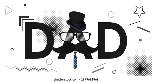 Happy father's day, sale promotion poster or banner design "DAD" text calligraphy greeting card with glasses and mustache costume for advertising on brown background vector illustration