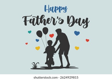 Happy Father's Day scribble typography banner. Concept for Father's Day with elegant hand lettering. A child learns to ride a bike with his father. Vector illustration