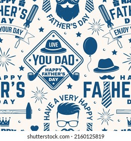 Happy Father's Day seamless pattern. Vector illustration. For Father's Day background with hipster father, crown and ties. Concept for pattern background or wallpaper.
