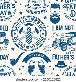 Happy Father's Day seamless pattern. Vector illustration. For Father's Day background with retro pickup truck, glasses of champagne, crown and ties. Concept for pattern background or wallpaper.