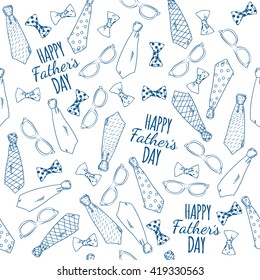 Happy Fathers Day. Seamless pattern with doodle neckties, bow tie and glasses. Vector illustration