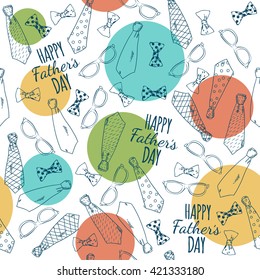 Happy Fathers Day. Seamless pattern with doodle neckties, bow tie and glasses. Vector illustration