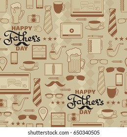 Happy Fathers day seamless pattern. Handwritten word, accessories. Vector illustration.