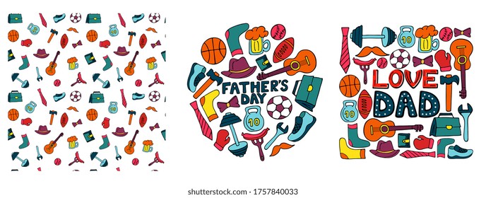 Happy Father's Day. Set of banners in doodle style. Men's lifestyle, sports equipment, clothes and accessories.