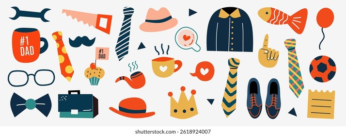 Happy Father's Day. Set of father's day cute elements vector. Elements are isolated on white background.
