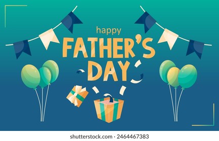 Happy Father's Day set of elements for congratulating dady. Greeting card, poster or banner with balloons, gift box, lettering. Vector illustration