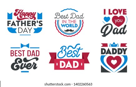 Happy Fathers Day Set of Emblems, Labels, Icons and Signs with Typography for Greeting Cards, Banners, T-shirt or Logo Design. Best Dad in World. Elements for Social Media or Print Vector Illustration