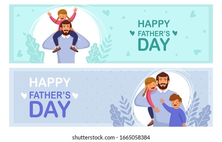 Happy Father's Day set greeting cards . Cartoon photo of father, red-haired son and daughter hugging together. Vector illustration of a flat design - stock vector. Happy father's day template design.
