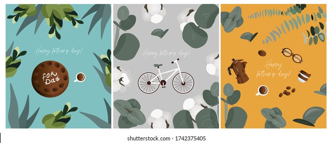 Happy father's day! Set of greeting card for dad with bike, cake, glasses, coffee on a trendy bright backgrounds with plants and flowers. Nice vector flat posters for father's day.