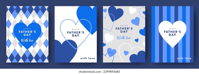 Happy Fathers Day set of greeting cards, labels, banners or backgrounds with heart frame and pattern in modern flat geometric style for decor, greetings, packaging, print, web, promo, sale