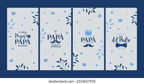 Feliz Día del Padre Conjunto de historias de tarjetas de felicitación.  Eres el mejor papá del mundo, mi papá es mi mejor amigo, feliz día del padre te amo, feliz día del padre te amo.