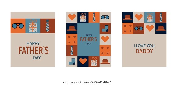 Happy Father's Day! Set of greeting cards with minimalistic geometric mosaic design. Vector templates for social media post.