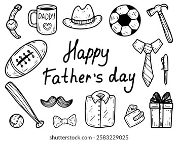 Happy Father's Day set hand drawn doodle. Best dad greetings. Men's gifts, tie, shirt, ball, bat, watch, hat, mustache. Daddy games. Fatherhood. Masculine. Vector line art illustration.