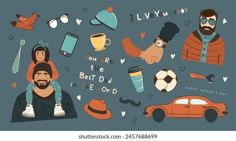 Happy father's day. Set of illustrations for postcard design, banners, stickers. Father holds his daughter on his shoulders, man with beard and glasses, clothing elements, various accessories and