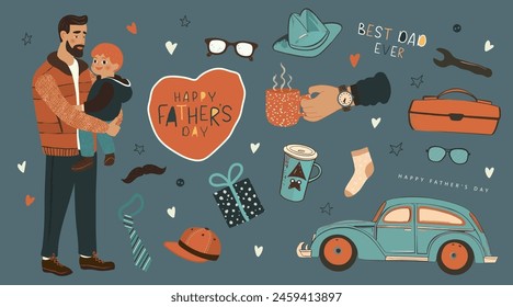 Feliz día del padre. Conjunto de ilustraciones para diseño de postales, Anuncios, pegatinas. Padre sosteniendo a su hijo en sus brazos, coche retro, mano con taza de café, sombrero, vasos y otros artículos dibujados a mano. Vector