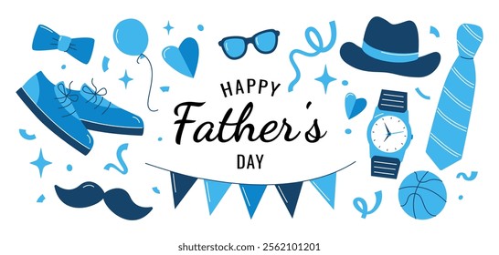 Happy Father's Day set. Tie, mustache, hat, glasses, watch, ball, shoes, сonfetti, hearts, stars. Hand drawn vector illustration isolated on white background