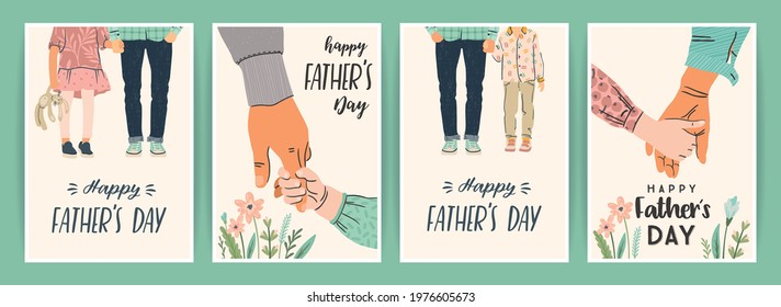 Happy Fathers Day. Set of vector illustrations. Man holds the hand of children. Design element for card, poster, banner, flyer and other us