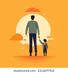 Happy Father's Day. Set of vector illustrations. Father holding son hand flat illustration. Design elements for cards, posters, banners, and flyers. Son Love