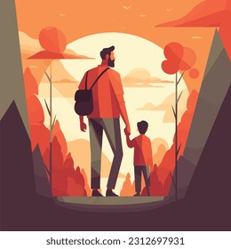 Happy Father's Day. Set of vector illustrations.Flat Illustration of son holding father hand. Design elements for cards, posters, banners, and flyers. Son Daughter Love