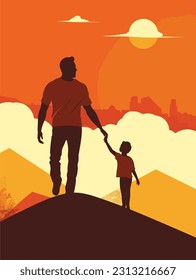 Happy Father's Day. Set of vector illustrations.Lovely Fatherhood. Son holding dad's hand