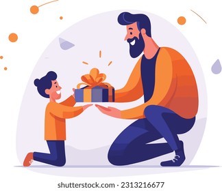 Happy Father's Day. Set of vector illustrations.Lovely Fatherhood. Kid presenting gift to dad