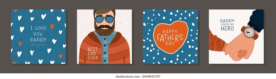 Happy fathers day, set of vector postcards. Illustrations of hand of dad and child, bearded man with glasses. Cute fun design for greeting cards, promotional materials and other