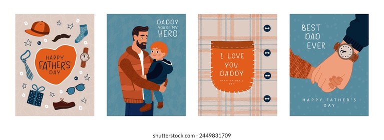 Happy father's day, set of vector postcards. Illustrations of dad with child, items of clothing,men's accessories. Cute fun design for greeting cards, promotional materials and other