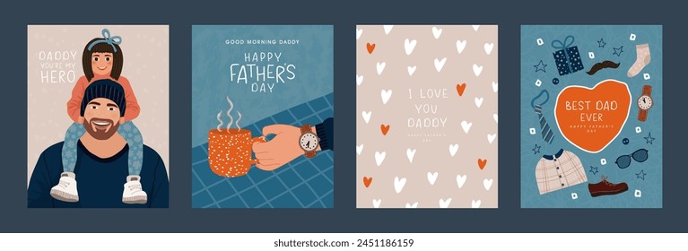 Feliz día del padre, juego de postales de Vector. Ilustración plana de una niña pequeña sentada en los hombros de su padre, mano de hombre con taza, prendas de vestir, accesorios de hombres. Lindo diseño divertido para el saludo