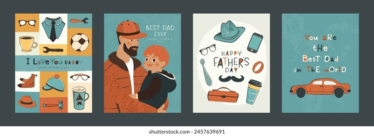 Feliz día del padre, juego de postales de Vector. Ilustraciones de papá con niño, prendas de vestir, accesorios para hombres, coche. Lindo diseño divertido para tarjetas de felicitación, Materiales promocionales y otros