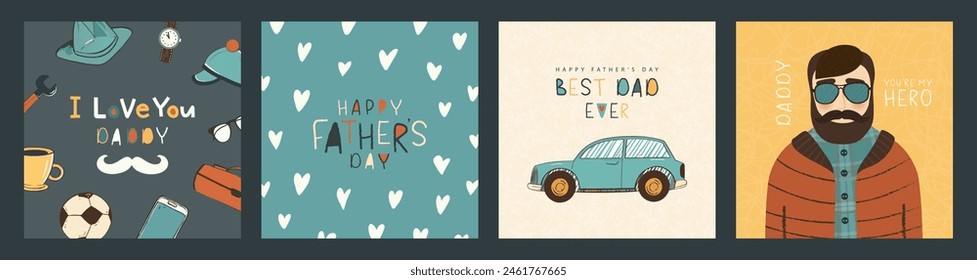 Happy father's day, set of vector postcards. Illustrations of man in sunglasses, items of clothing,men's accessories, car. Cute fun design for greeting cards, promotional materials and other