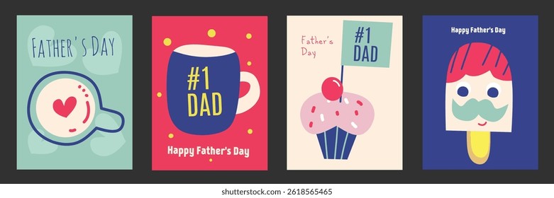 Happy father's day, set of vector postcards. Flat illustration of a cute father's character, man, cup, ice cream, cake. Portrait template in colorful background. Fun design for greeting and banner.