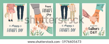 Happy Fathers Day. Set of vector illustrations. Man holds the hand of children. Design element for card, poster, banner, flyer and other us