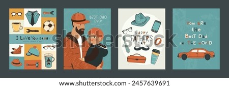 Happy father's day, set of vector postcards. Illustrations of dad with child, items of clothing,men's accessories, car. Cute fun design for greeting cards, promotional materials and other
