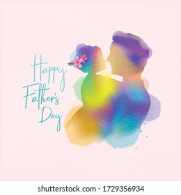 Happy father's day. Side view of Happy family daughter hugging dad silhouette plus abstract watercolor painted.Double exposure illustration. Digital art painting. Vector illustration.