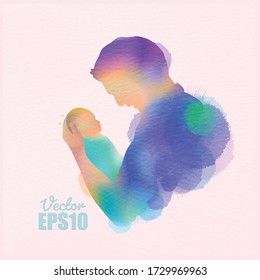 Happy father's day. Side view of Happy family father holding a newborn baby silhouette plus abstract watercolor painted. Double exposure illustration. Digital art painting. Vector illustration.