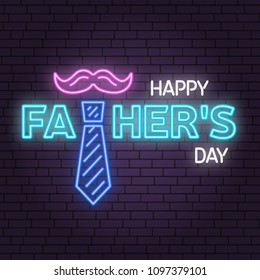 Happy Fathers Day sign on brick wall background. Neon design for Fathers Day. Vector illustration. Advertisement sign.