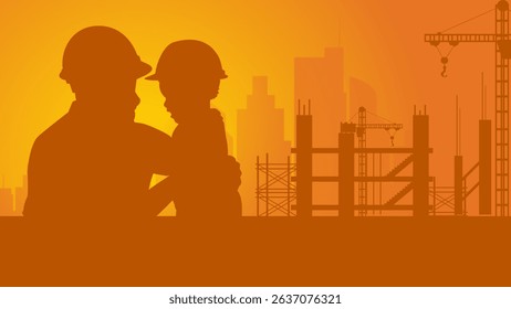Happy father's day, silhouette banner of a construction worker playing with his son
