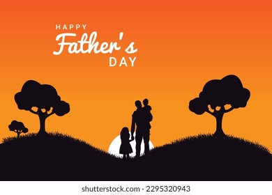 Happy Father's Day and silhouette of father and son on background of adventure landscape with mountains, forest, sun and sky. Dad and child in nature at sunset.