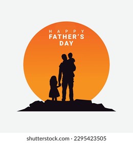 Happy Father's Day and silhouette of father and son on background with sun and sky. Dad and child at sunset.