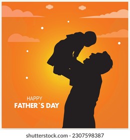 Happy Father's Day and a silhouette of father and children in the background with sun and sky.