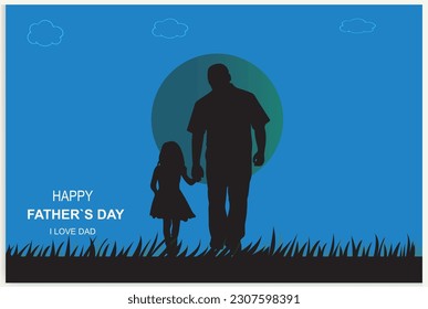 Happy Father's Day and a silhouette of father and children in the background with sun and sky.