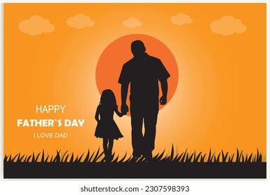 Happy Father's Day and a silhouette of father and children in the background with sun and sky.