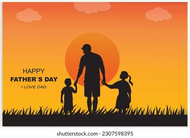 Happy Father's Day and a silhouette of father and children in the background with sun and sky.