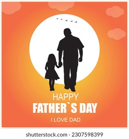 Happy Father's Day and a silhouette of father and children in the background with sun and sky.