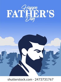 happy fathers day with a silhouette of a father with a city view in the background