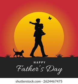 Happy Fathers Day with silhouette of father carrying child on shoulders during sunset, Warm orange and red background. Fathers Day Celebration